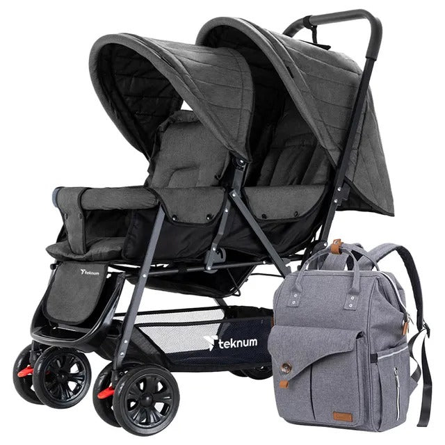 Teknum Double Stroller Combo with Diaper Backpack – Dark Grey