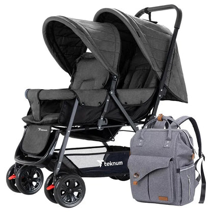 Teknum Double Stroller Combo with Diaper Backpack – Dark Grey