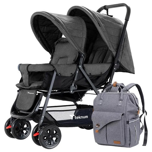 Teknum Double Stroller Combo with Diaper Backpack – Dark Grey