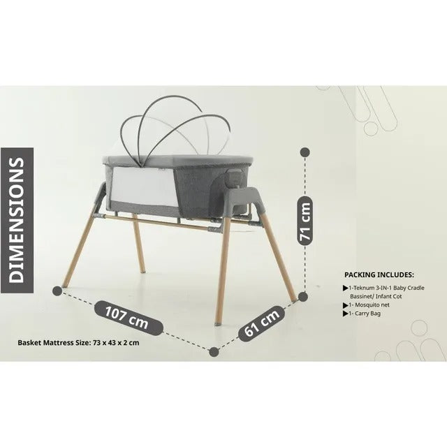 Teknum 3-in-1 Baby Rocker Bassinet With Mosquito Net – Grey