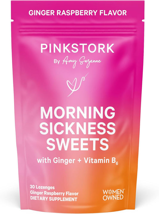 Pink Stork حلوى لغثيان الصباح، حلوى توت العليق والزنجبيل العضوية مع فيتامين B6، 30 قطعة