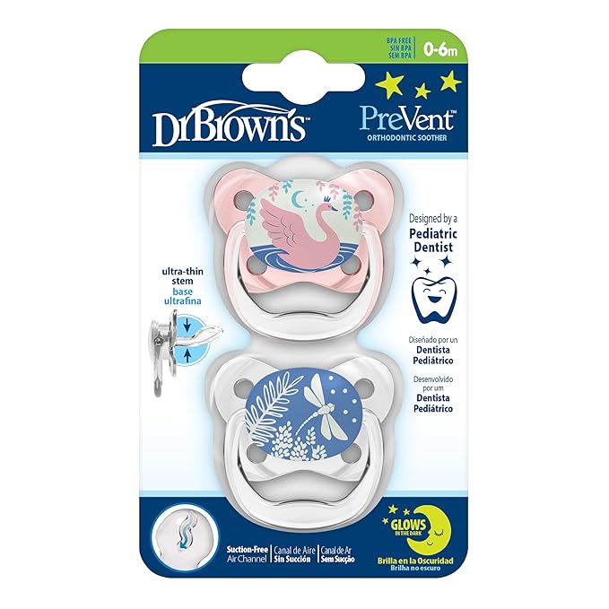 Dr. Brown's Pacifier Prevent Glow In The Dark Butterfly Shield Soother -  Pack of 2 (Stage 1/0-6 Months))