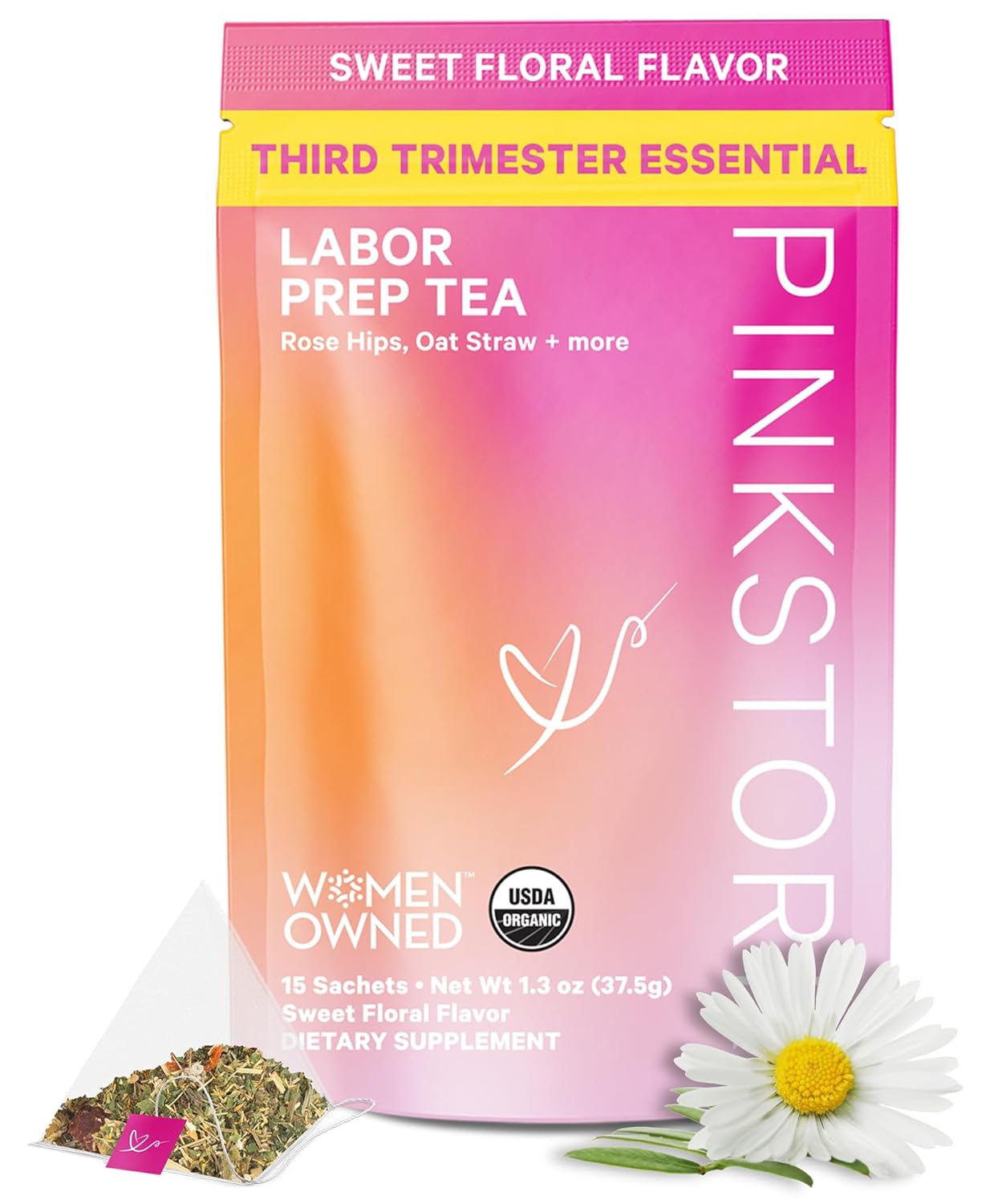 Pink Stork Labor Prep Tea, Organic Red Raspberry Leaf with Chamomile and Rosehip, Caffeine-Free, Pregnancy Must Haves, Labor and Delivery Essentials, Third Trimester Pregnancy - 15 Sachets