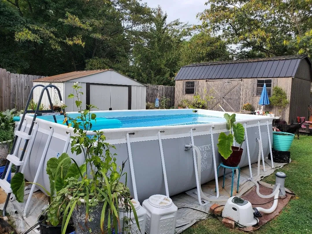 Intex Prism Frame Rectangular Pool Set With Ground Cloth, Cover Filter Pump & Safety Ladder (4.88mx2.44mx1.07m) With Free Intex Deluxe Baby Float Pool School