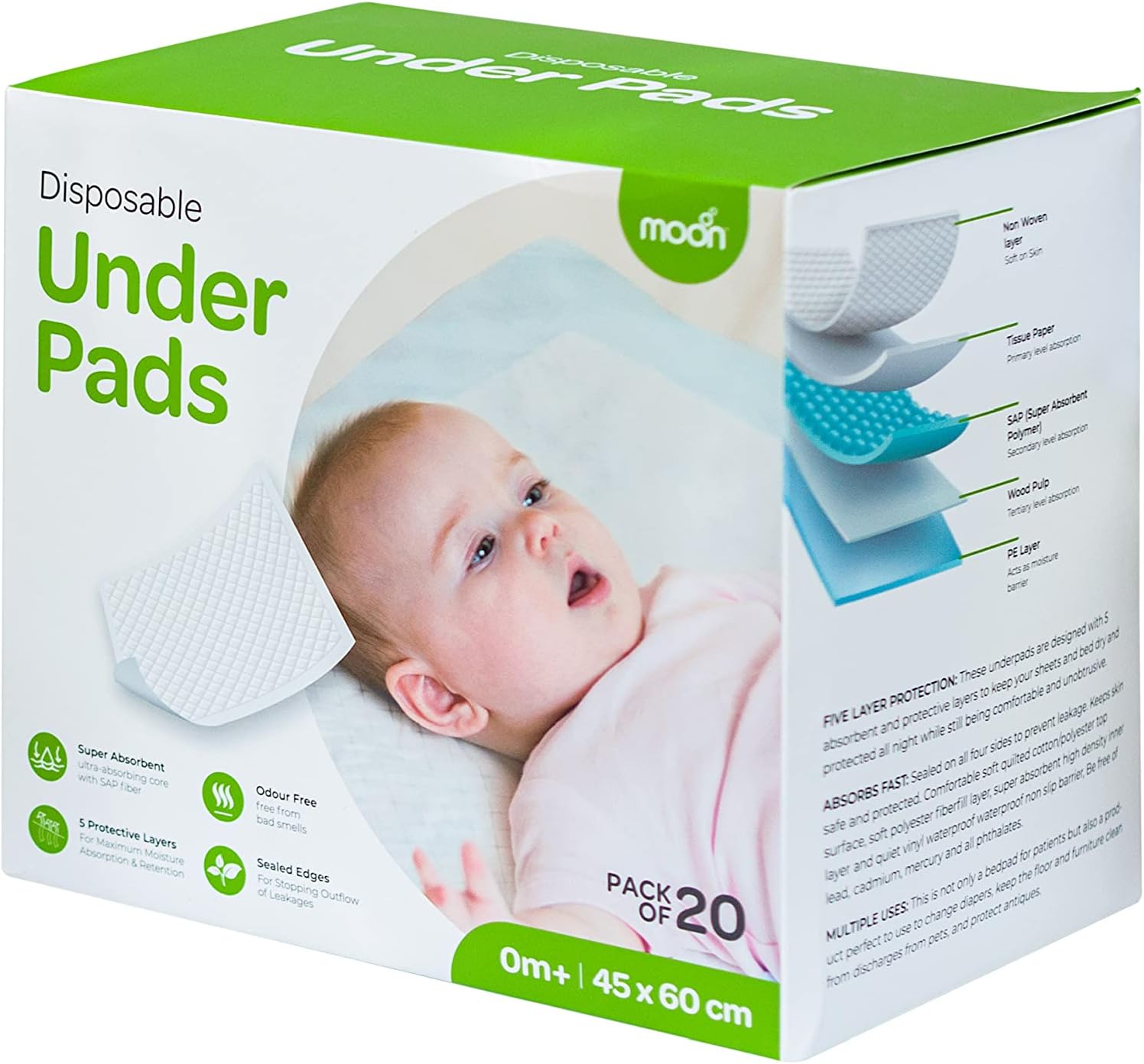 MOON Disposable Under Pads. Highly Absorbent, Odour-Free Ultrasoft Non-Woven Top Sheet, Multi-Use, Leak-Proof Bed Pads for Adults and Kids, Unisex, Size 45cm x 60cm - Pack Of 20