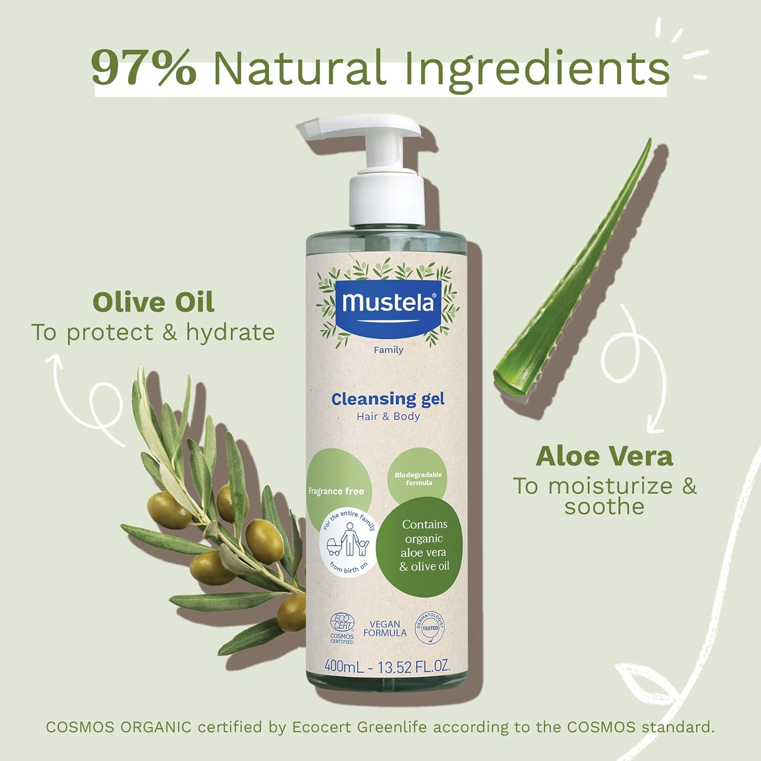 Mustela Certified Organic 2 in 1 Hair and Body Cleansing Gel (400ml), Buy 2 get 1 FOR FREE