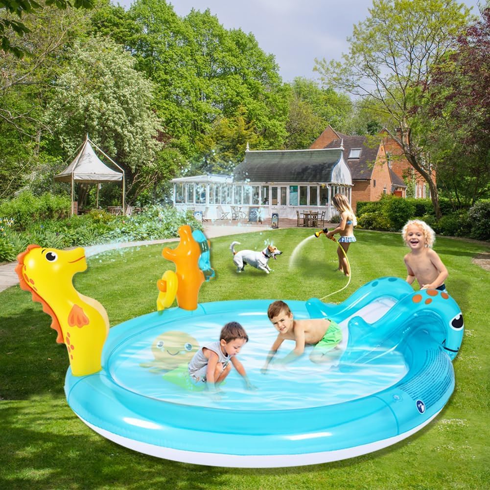 JILONG - Sea Animal Inflatable Kids Pool with Slide, Sprinkler & Play Accessories