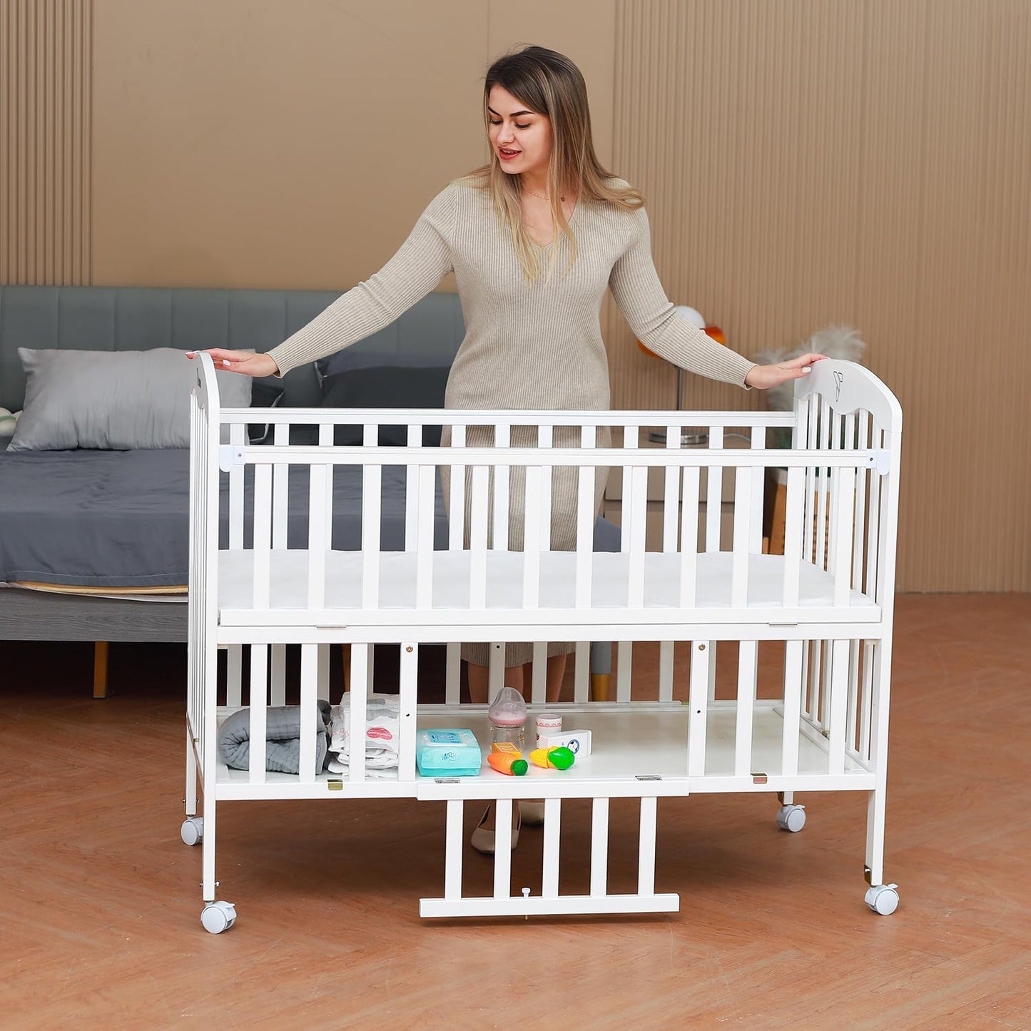 Teknum 4 in 1 Wooden Bedside With Storage and Height Adjustment (White) From Newborn Upto 4ys  Old