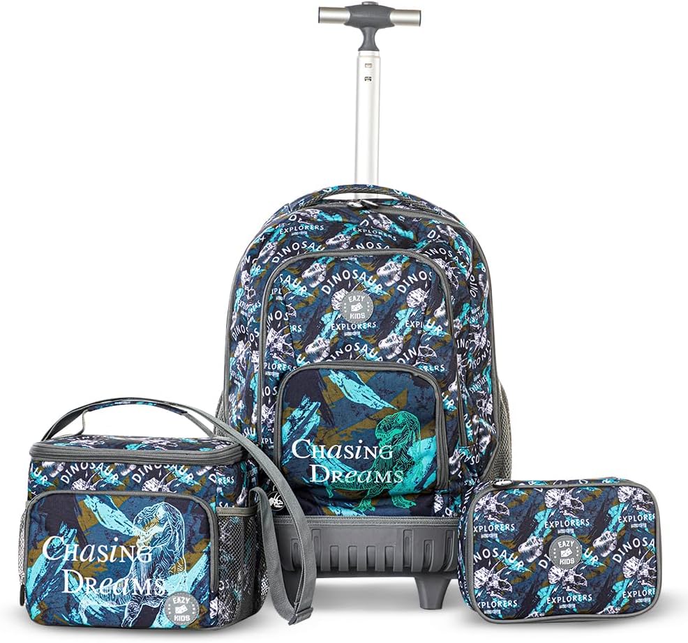 Eazy Kids Set of 3 Trolley Backpack With Lunch Bag & Pencil Case (T-Rex)