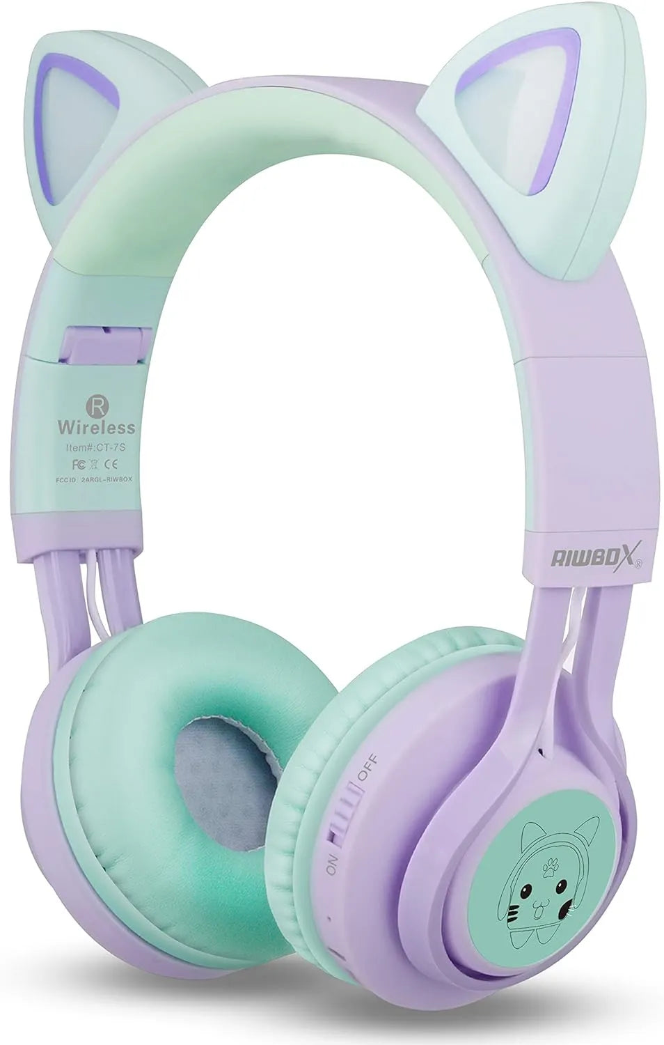 Riwbox Cat Ear Bluetooth Headphones With LED (Purple/Green)