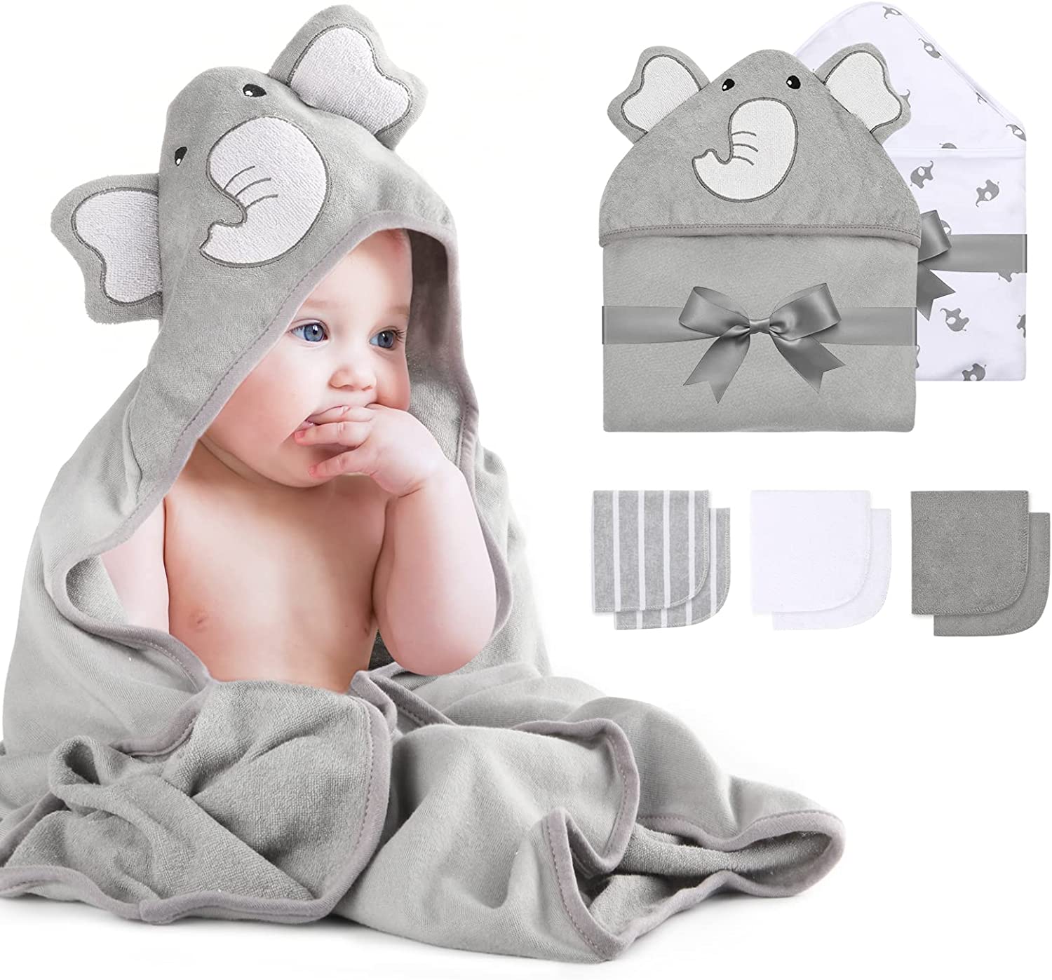 Momcozy Baby Hooded Towel, 8-Piece Baby Bath Towel for Boys or Girls.