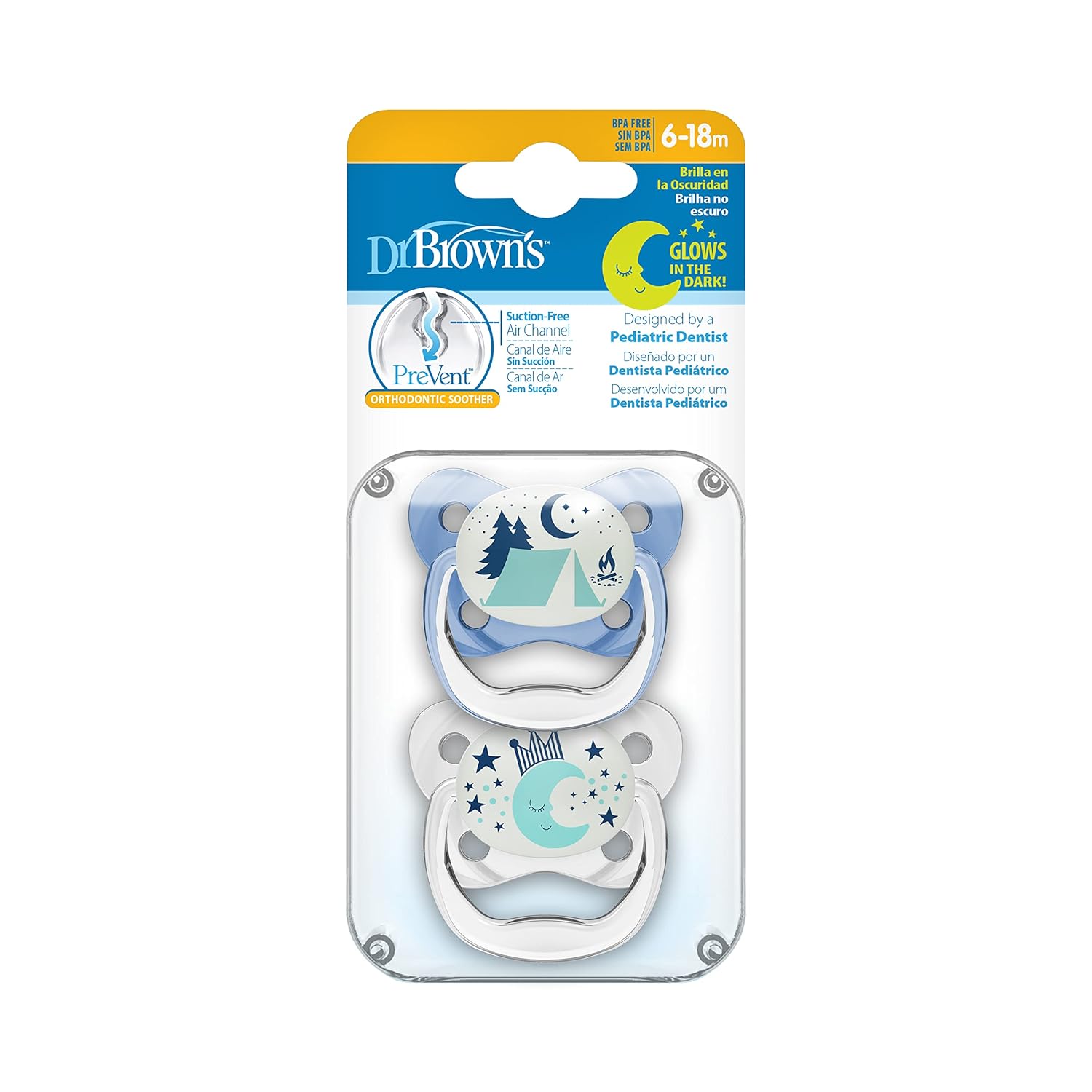 Dr. Brown's Pacifier Prevent Glow In The Dark Butterfly Shield Soother -  Pack of 2 (Stage 2/6-18 Months))