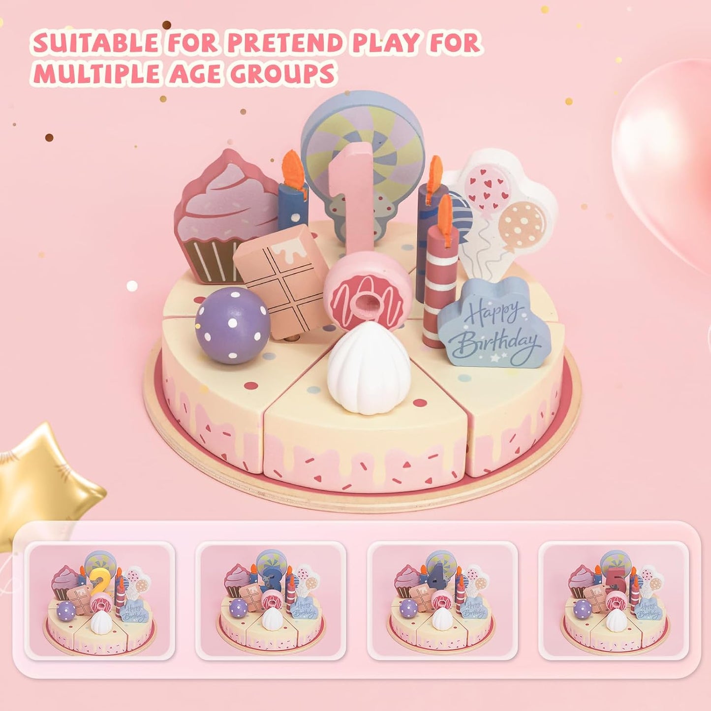 Little Angel Kids Wooden Birthday Cake Play Set – 24 Pieces.