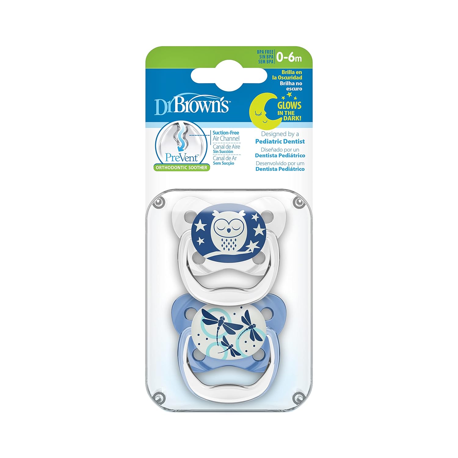 Dr. Brown's Pacifier Prevent Glow In The Dark Butterfly Shield Soother -  Pack of 2 (Stage 1/0-6 Months))