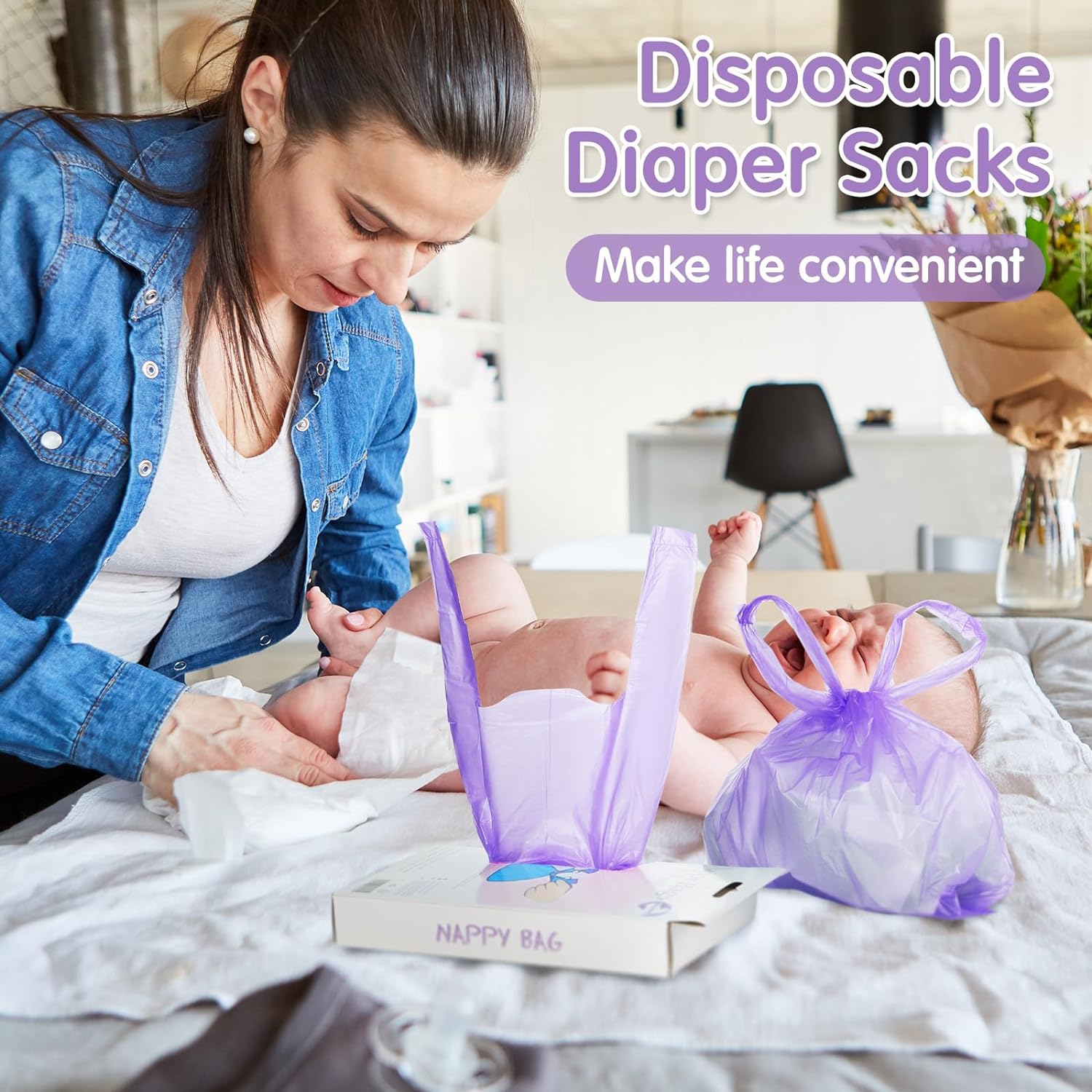 100 Count Baby Disposable Diaper Bags with Tie Handle Baby Poop Bags Waste Bag Refill (Purple)