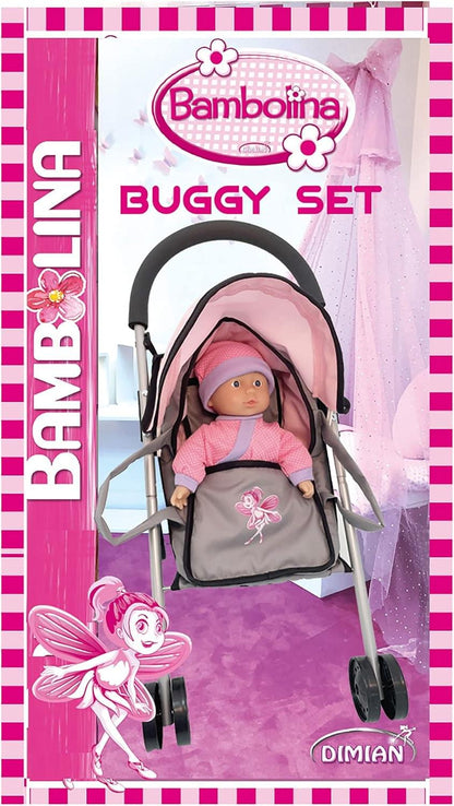 Dimian Bambolina Doll Buggy Set with 29cm Soft Doll & Carrier Cot