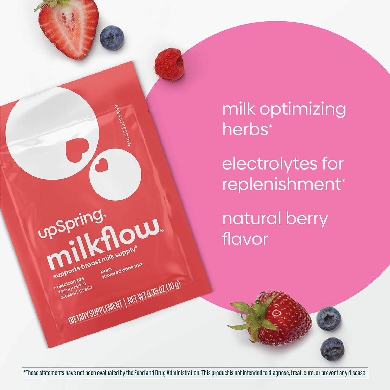 UpSpring Milkflow Electrolyte Breastfeeding Supplement Drink Mix with Fenugreek, Berry Flavor, 16 Drink Mixes