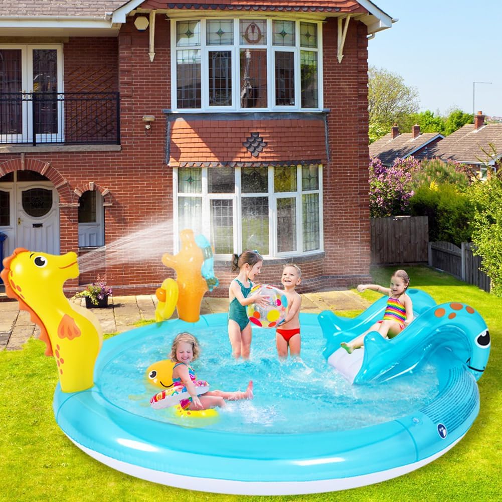 JILONG - Sea Animal Inflatable Kids Pool with Slide, Sprinkler & Play Accessories