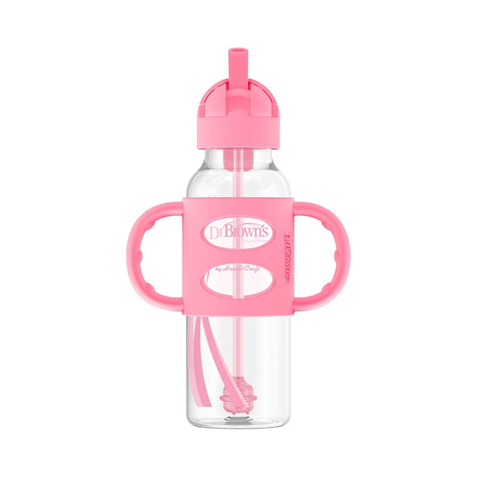 Dr. Brown's Milestones Narrow Sippy Straw Bottle, Spill-Proof With 100% Silicone Handles and Weighted Straw (8oz/250ml)