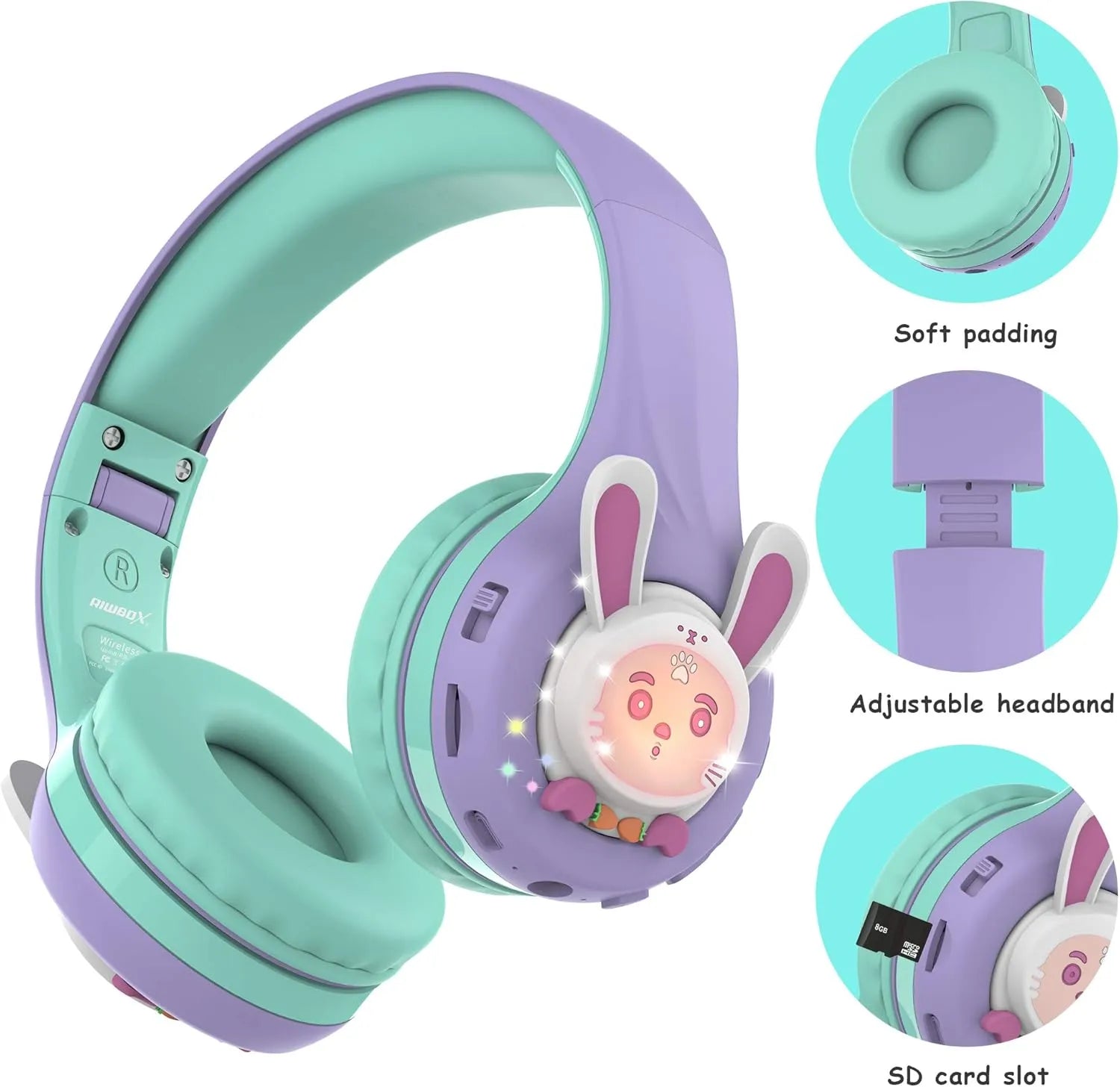 Riwbox Cat Ear Bluetooth Headphones With LED (Purple/Green)