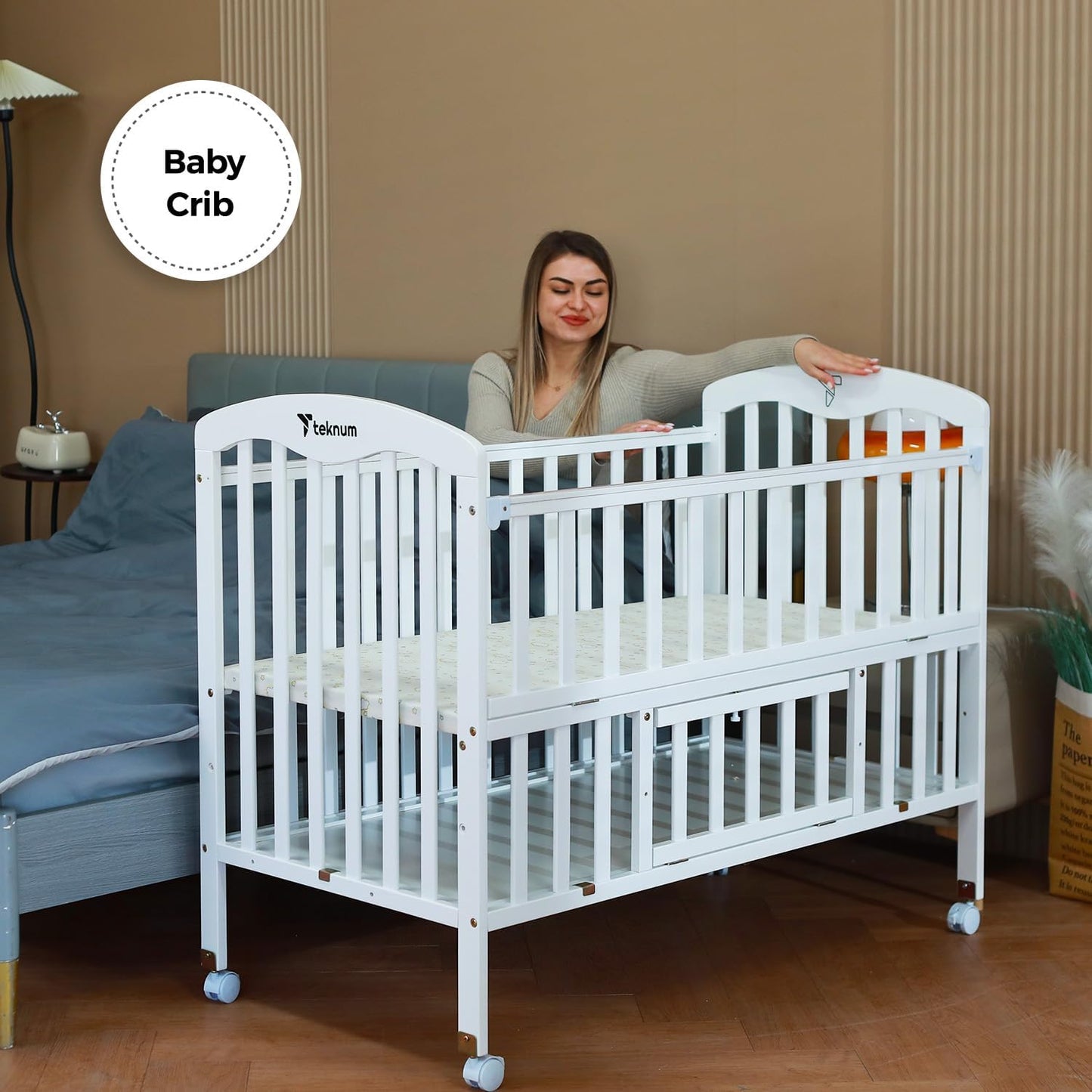 Teknum 4 in 1 Wooden Bedside With Storage and Height Adjustment (White) From Newborn Upto 4ys  Old