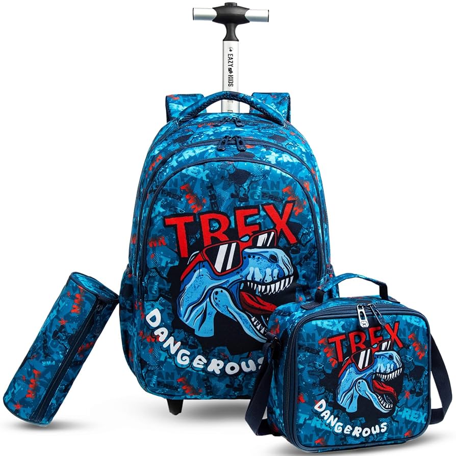 Eazy Kids Set of 3 Trolley School Lunch Bag & Pencil Case (Trex Dinosaur Blue)