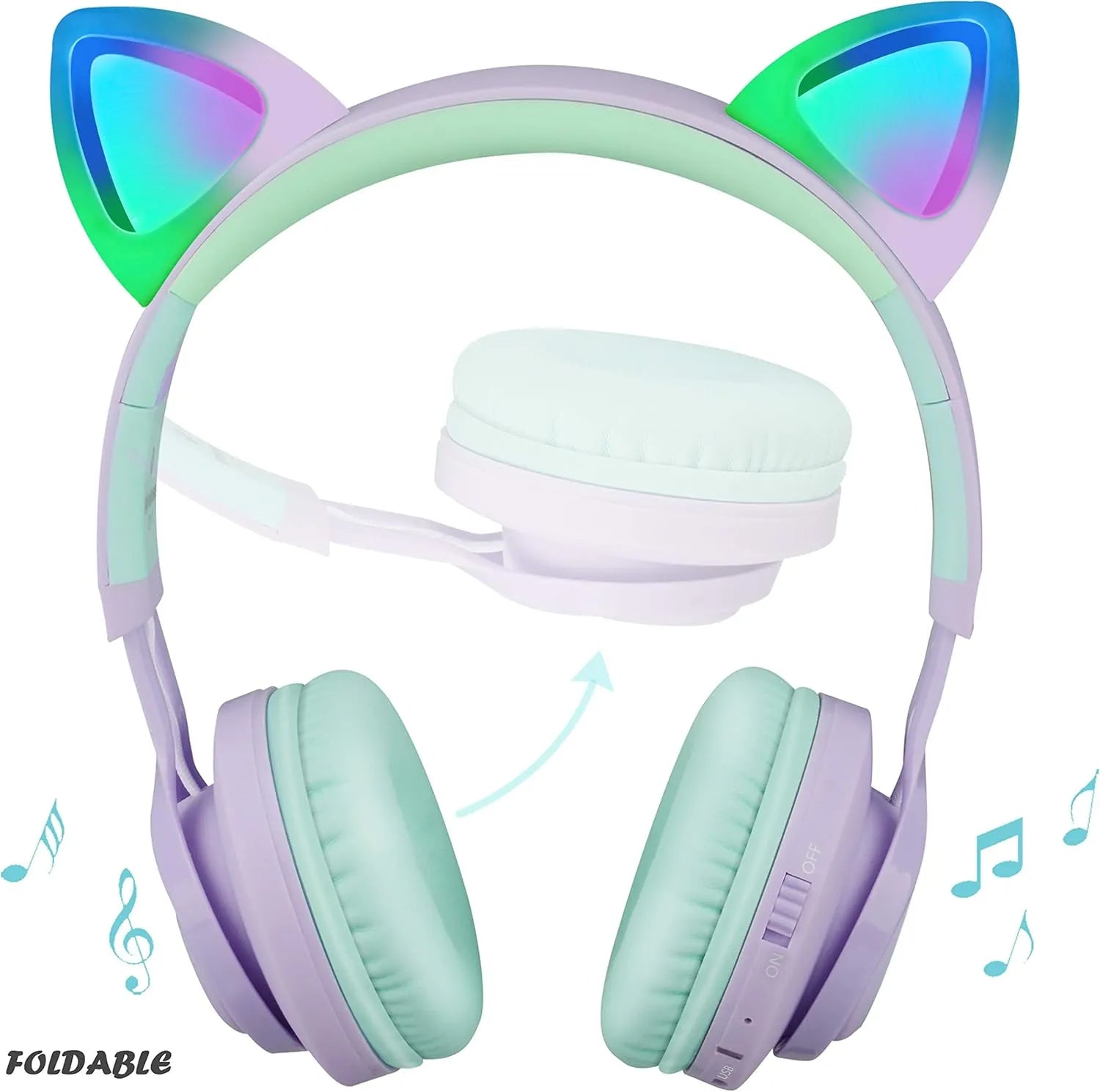 Riwbox Cat Ear Bluetooth Headphones With LED (Purple/Green)