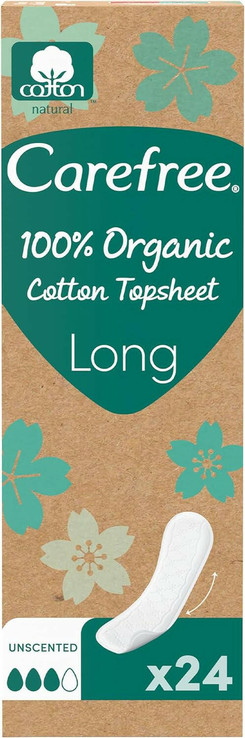 Carefree 100 Percent Organic Cotton Liners, Dermatologically Tested, Fragrance Free, Long Size, Pack of 24