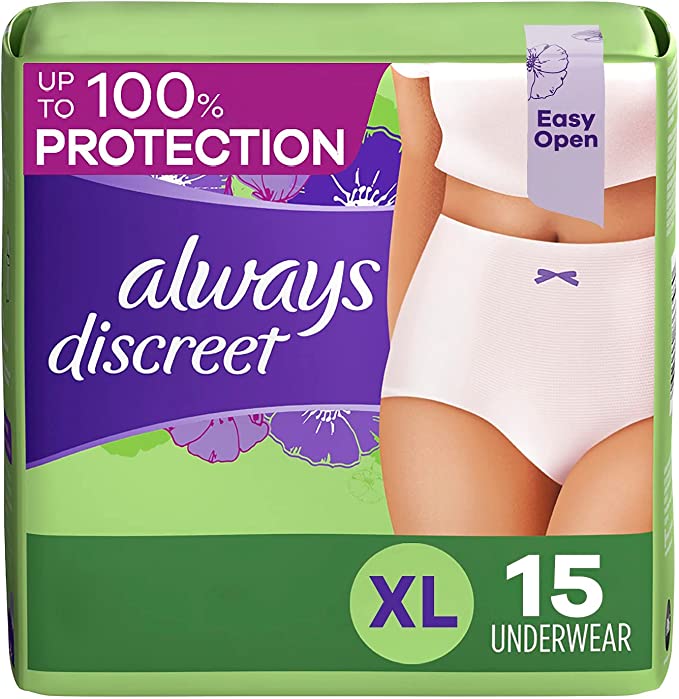 Always Discreet, Incontinence & Postpartum Underwear For Women, Classic Cut, Size X-Large, Maximum Absorbency, Disposable, 15 Count.