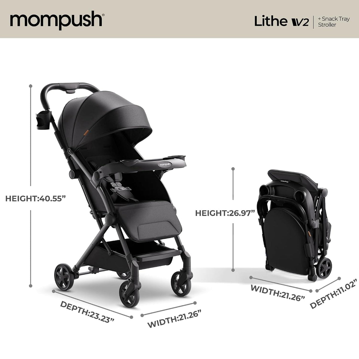 Mompush Lithe V2 Lightweight Travel Stroller (Black)