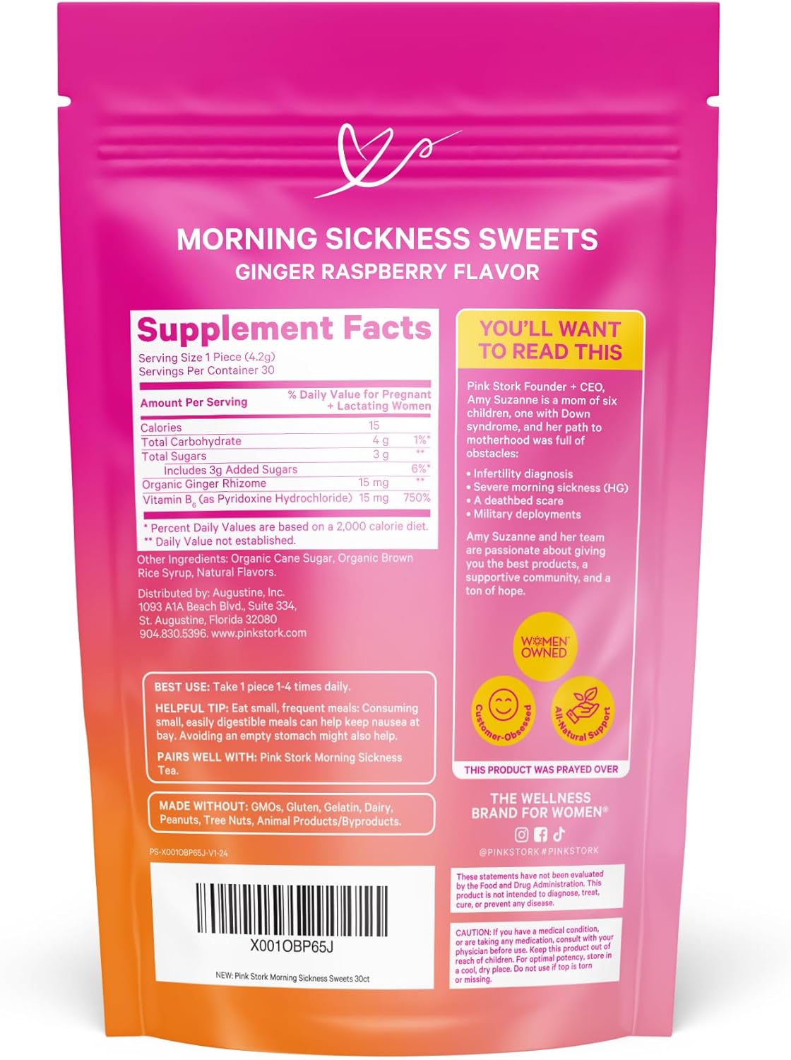 Pink Stork Morning Sickness Sweets, Organic Raspberry Ginger Candy with Vitamin B6, 30 pcs