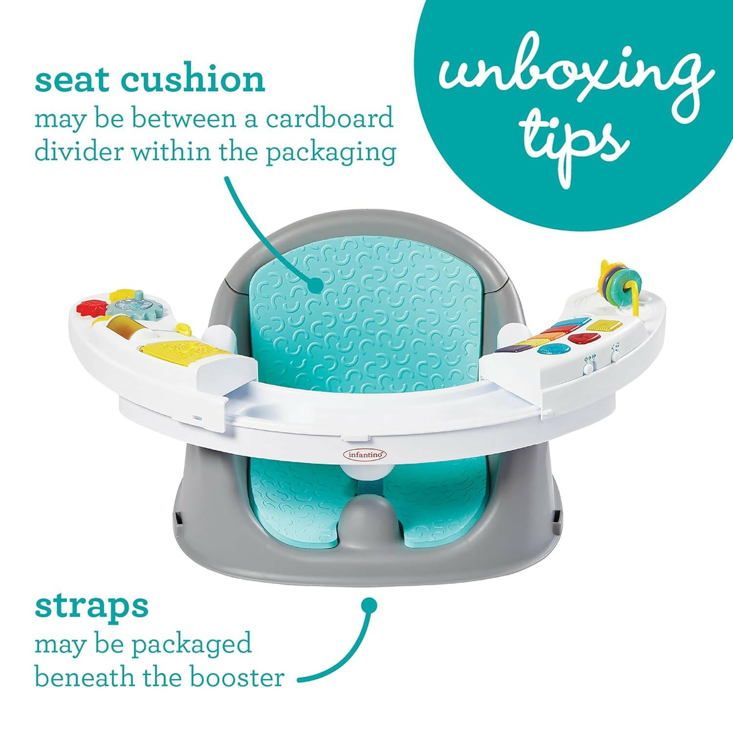 Infantino Music & Lights 3-in-1 Discovery Seat and Booster - Convertible, Infant Activity and Feeding Seat with Electronic Piano for Sensory Exploration, for Babies and Toddlers, Teal.