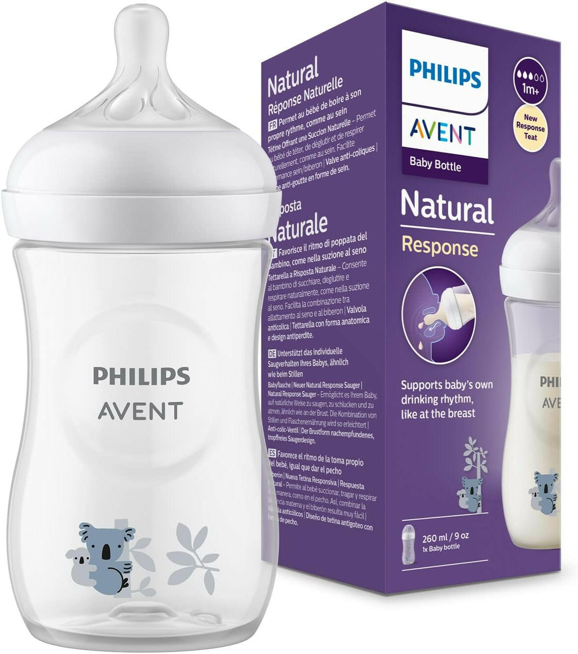 Philips Avent Natural Response Baby Bottle - 260ml Baby Milk Bottle, BPA Free for Babies 1 Month+, Koala Pattern