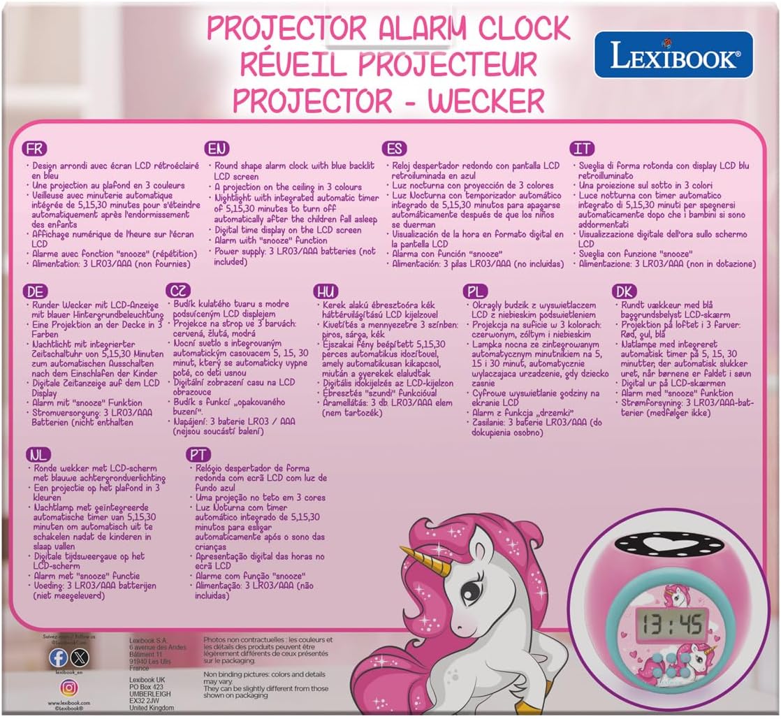 LEXiBOOK Unicorn Projector Alarm Clock with Snooze Function