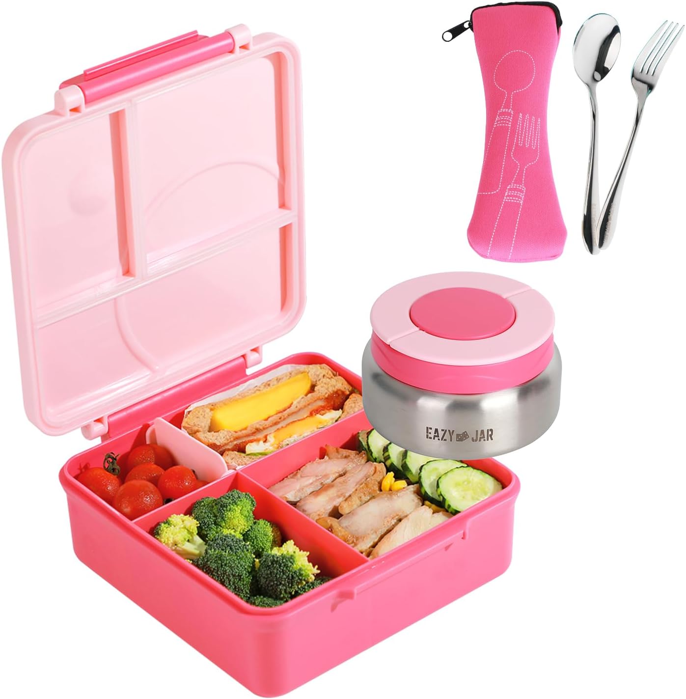 Eazy Kids Convertible Jumbo Bento Lunch Box with Leakproof SS Gravy Bowl, Spoon & Fork Set with Pouch