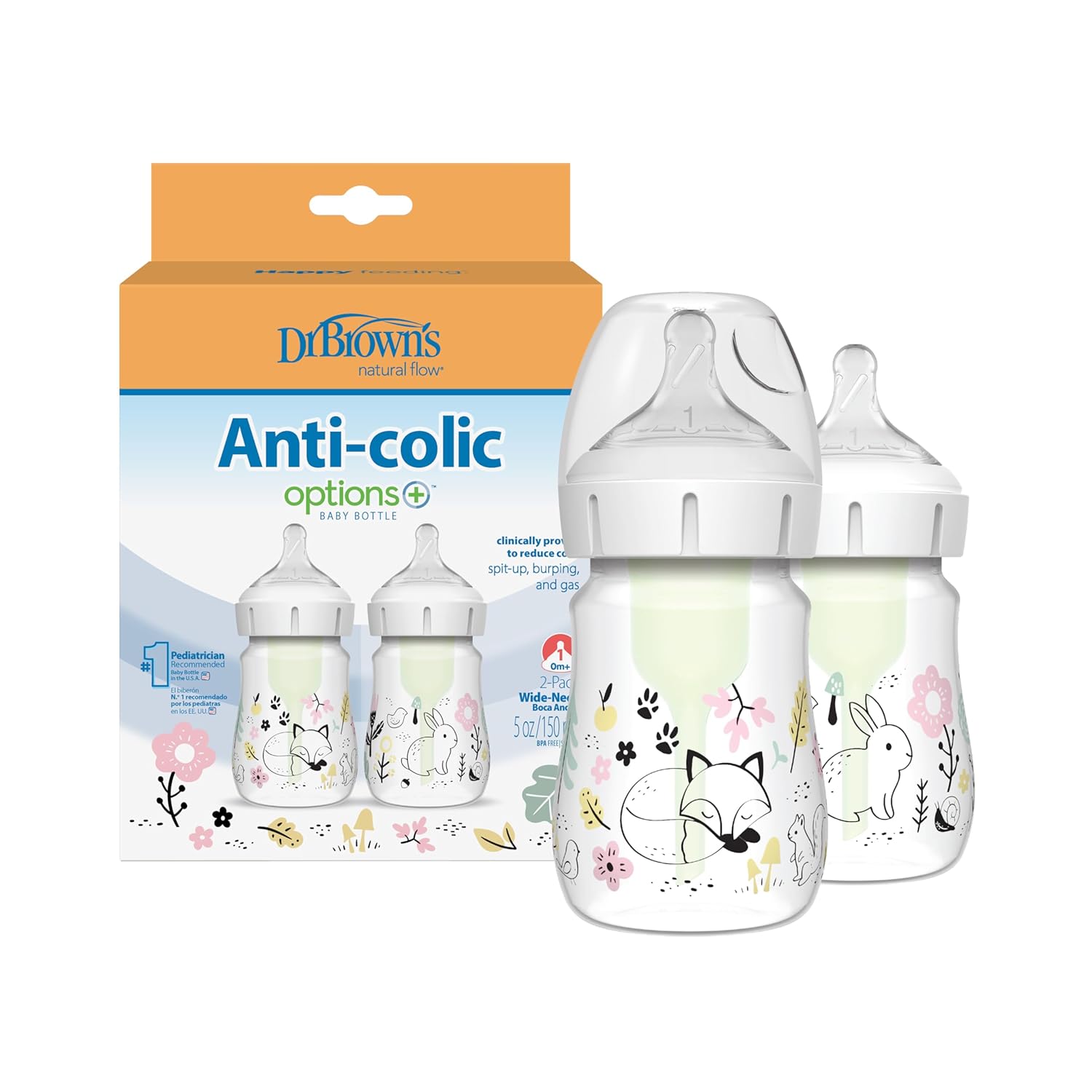 Dr. Brown’s Natural Flow Anti Colic Options + Wide-Neck Baby Bottle Designer Edition Bottles, Woodland Decos (5oz/150ml) - Pack of 2