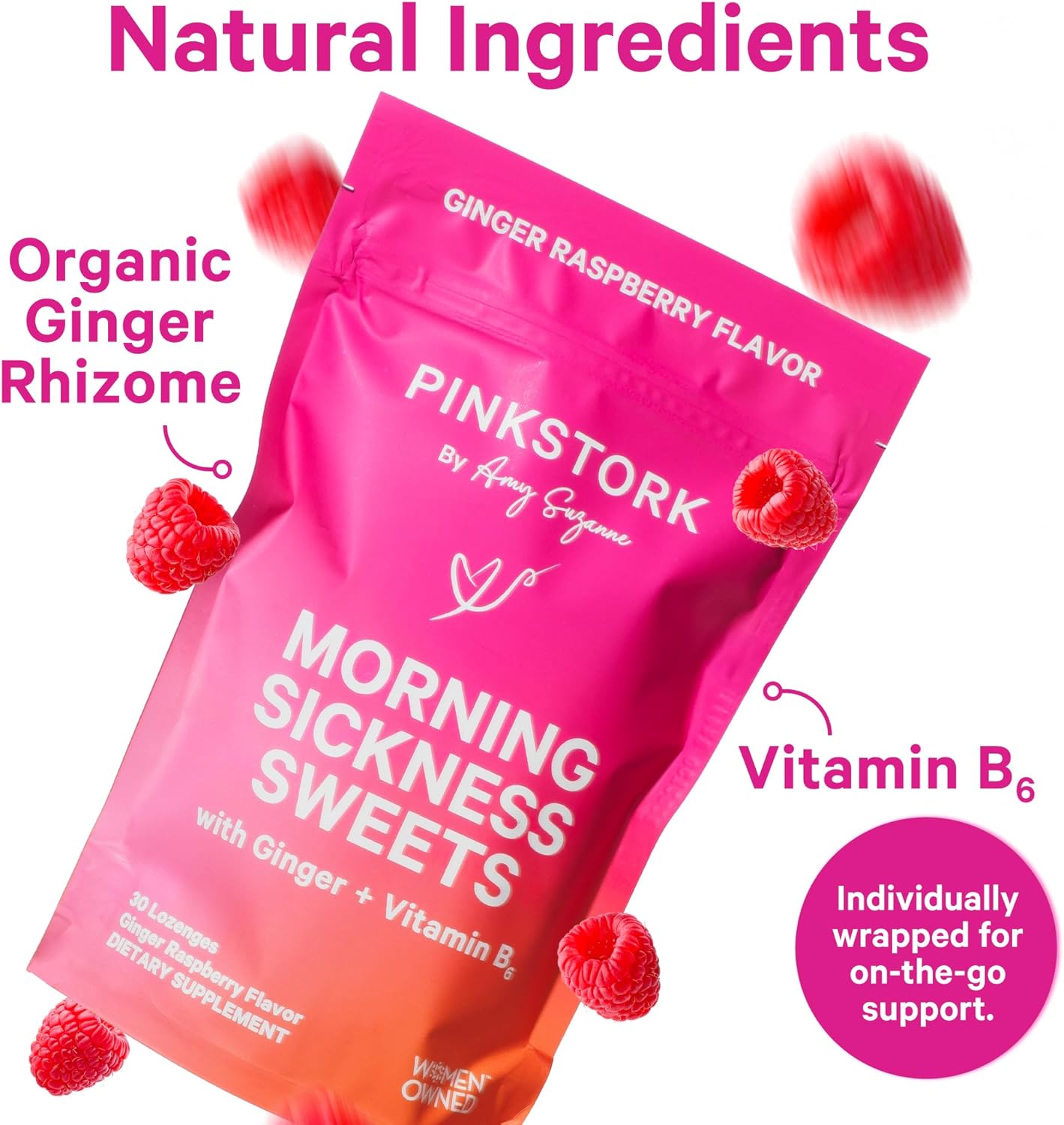 Pink Stork Morning Sickness Sweets, Organic Raspberry Ginger Candy with Vitamin B6, 30 pcs