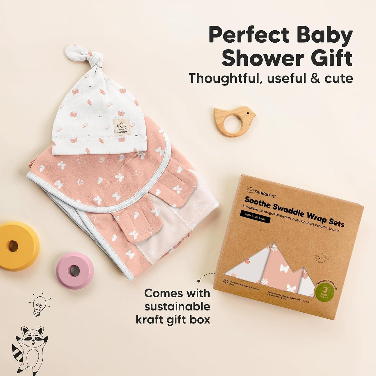 Keababies Soothe Swaddle Wraps with Knot Hats (Aspire) - Pack of 3