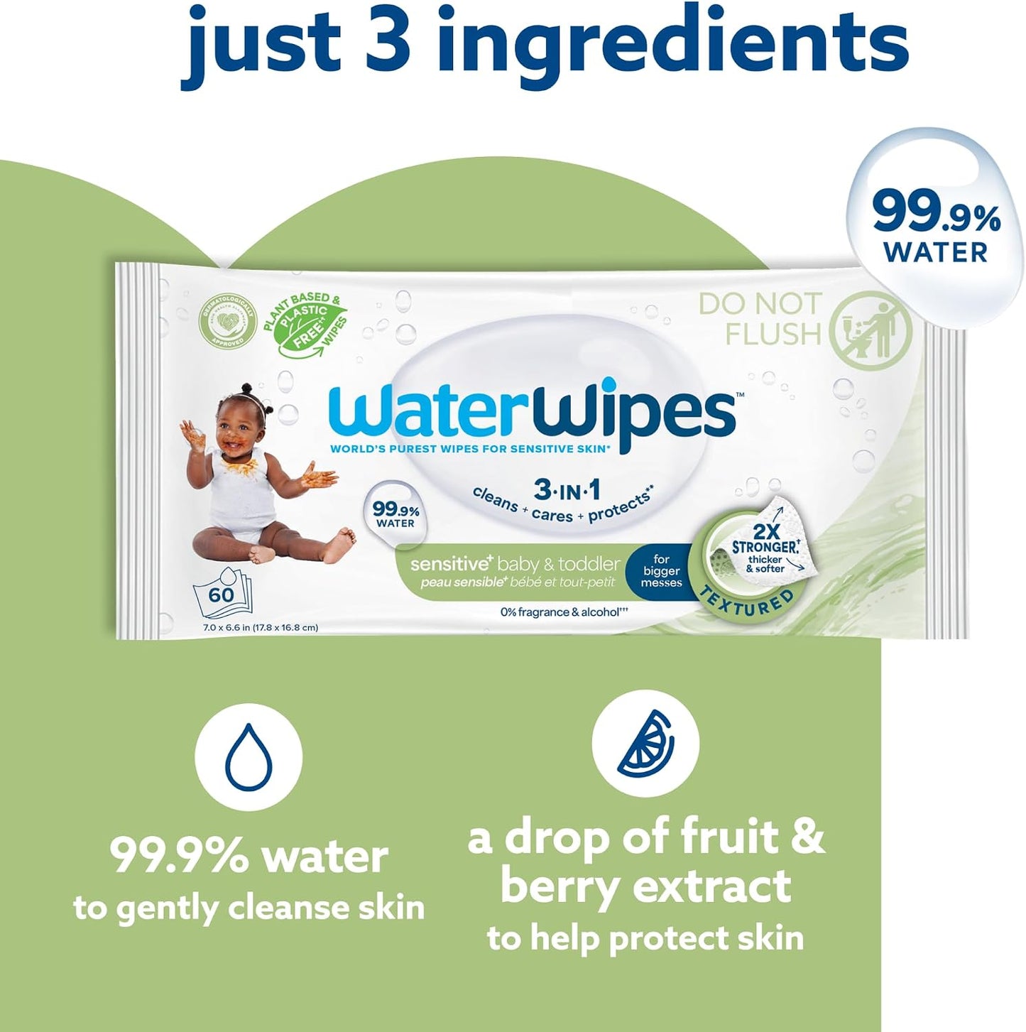 Water Wipes Sensitive+ Baby & Toddler Wipes - Single Pack (60wipes).