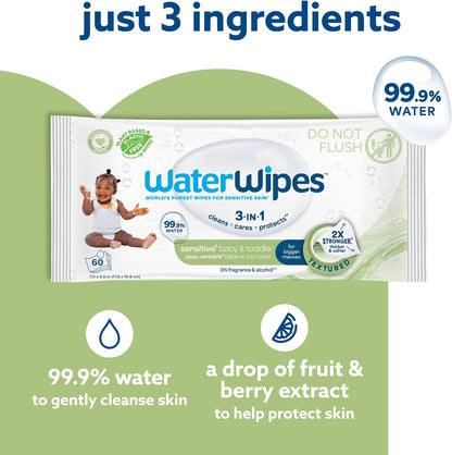 Water Wipes Sensitive+ Baby & Toddler Wipes - Single Pack (60wipes).