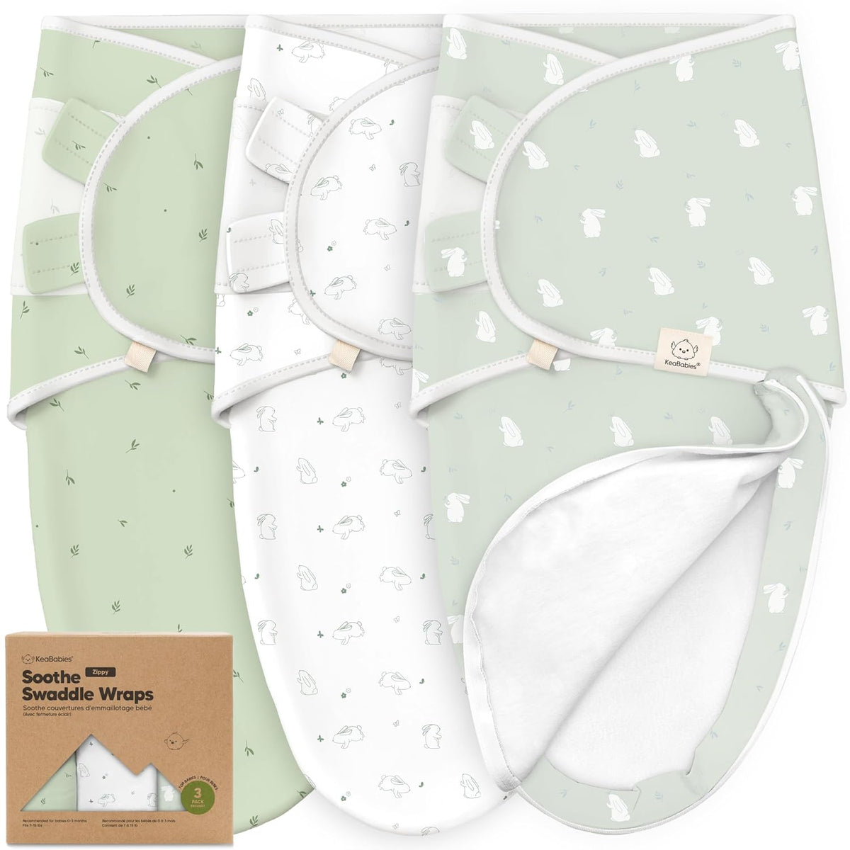 Keababies Soothe Zippy Swaddle Wrap (Bunnies) - Pack of 3