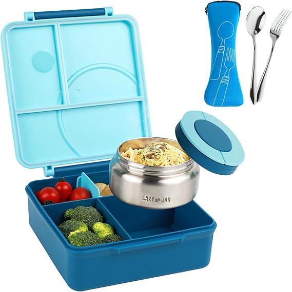 Eazy Kids Convertible Jumbo Bento Lunch Box with Leakproof SS Gravy Bowl, Spoon & Fork Set with Pouch