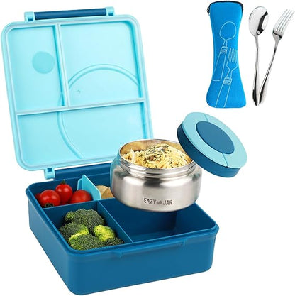Eazy Kids Convertible Jumbo Bento Lunch Box with Leakproof SS Gravy Bowl, Spoon & Fork Set with Pouch