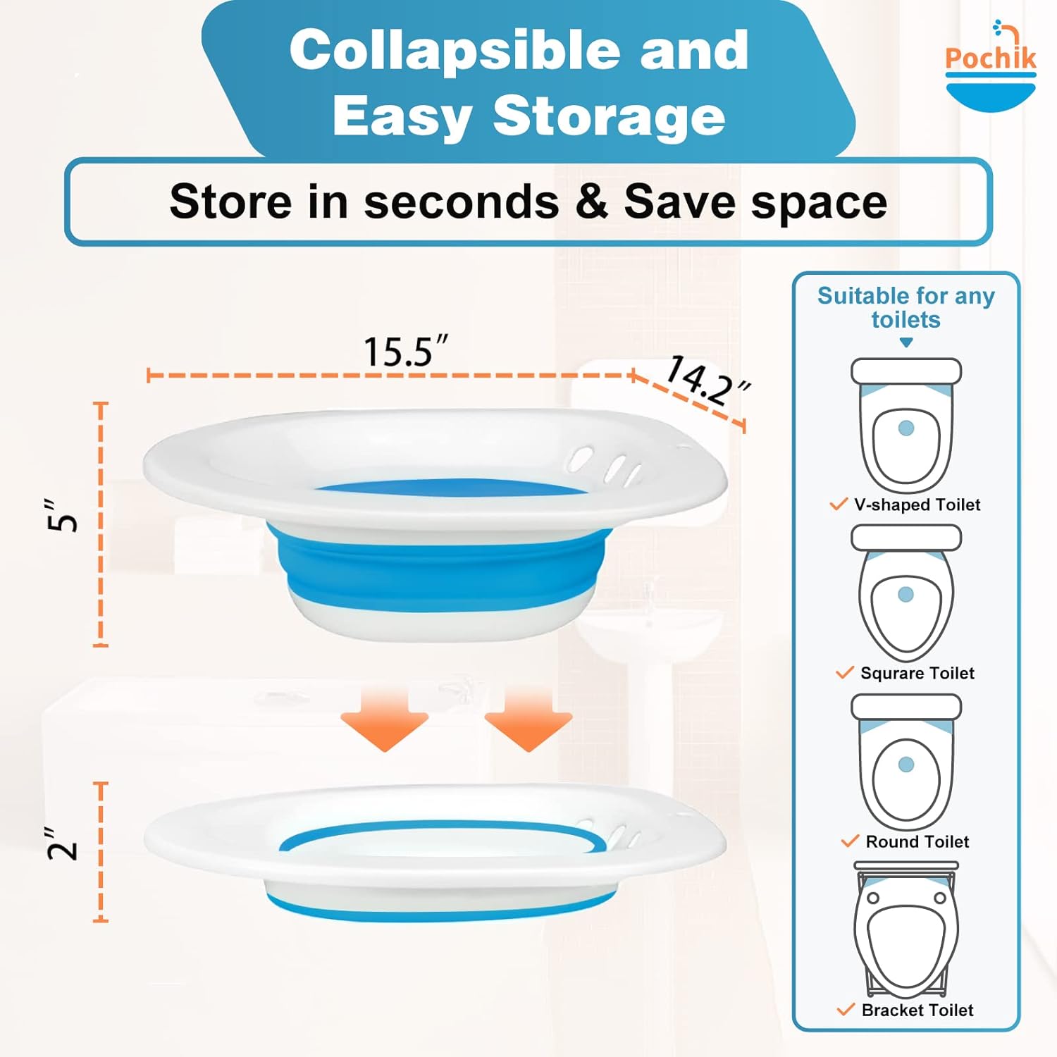 Pochik Sitz Bath for Hemorrhoids, Postpartum, Collapsible, with Flusher Hose, Drain Holes, Deep Bowl