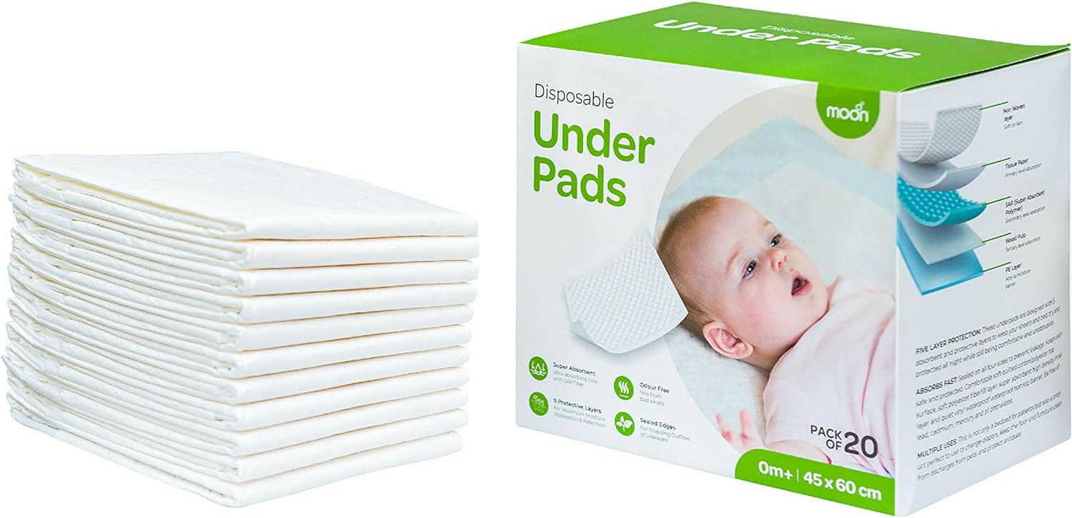 MOON Disposable Under Pads. Highly Absorbent, Odour-Free Ultrasoft Non-Woven Top Sheet, Multi-Use, Leak-Proof Bed Pads for Adults and Kids, Unisex, Size 45cm x 60cm - Pack Of 20