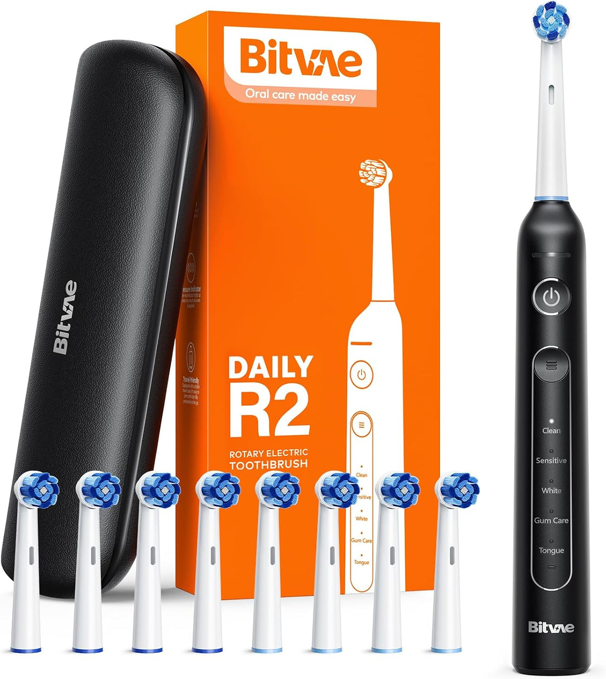 Bitvae R2 Electric Toothbrush Black + 8pcs Brush Head + 1pc Travel Case