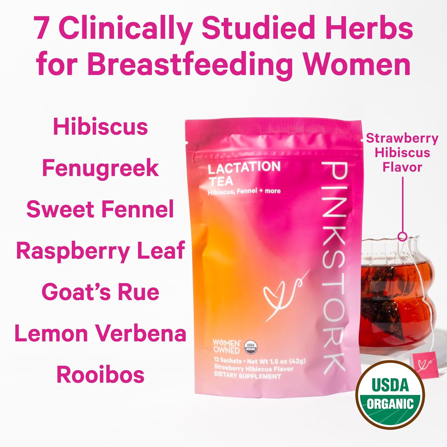 Pink Stork Organic Lactation Tea for Breast Milk Supply and Flow, 12 Sachets