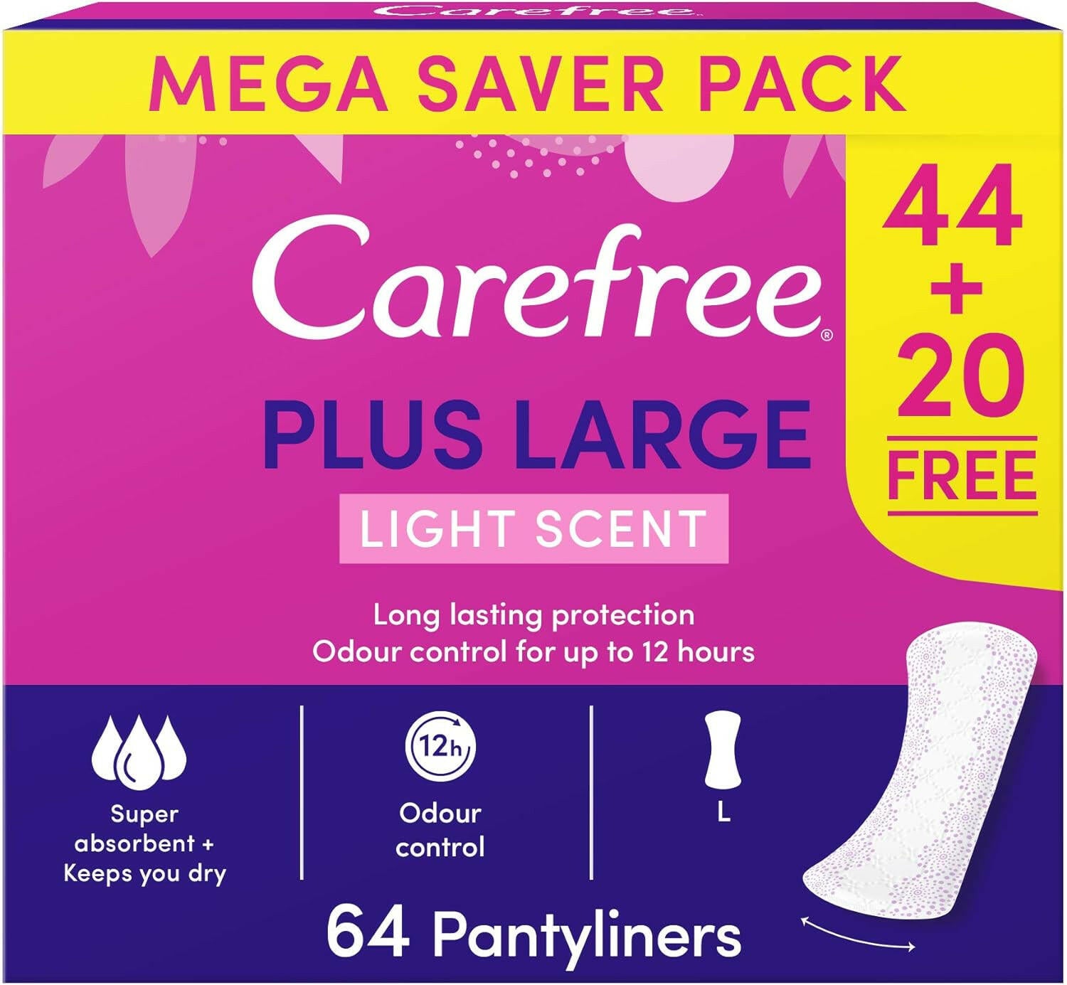 Carefree Daily Panty Liners, Large, Light Scent, Pack of 64
