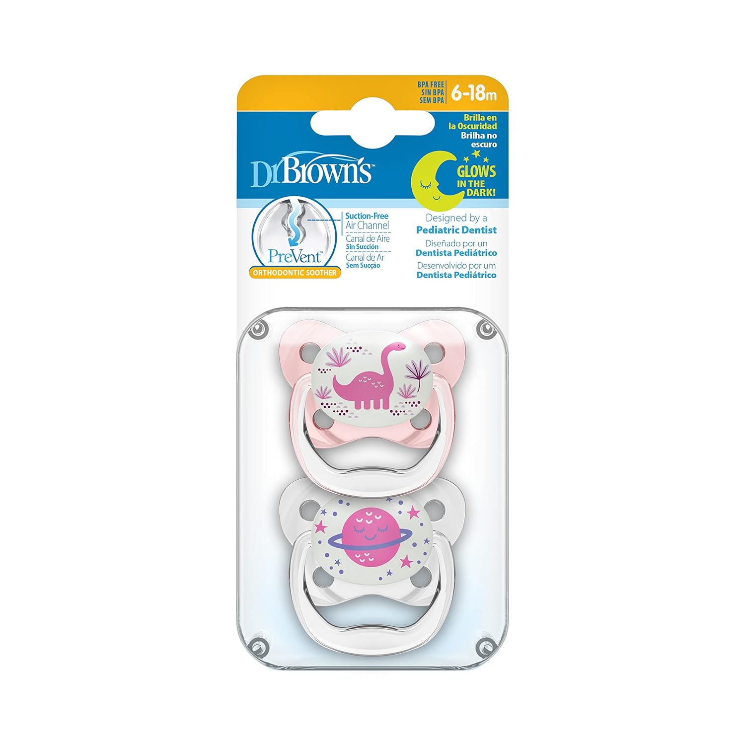 Dr. Brown's Pacifier Prevent Glow In The Dark Butterfly Shield Soother -  Pack of 2 (Stage 2/6-18 Months))