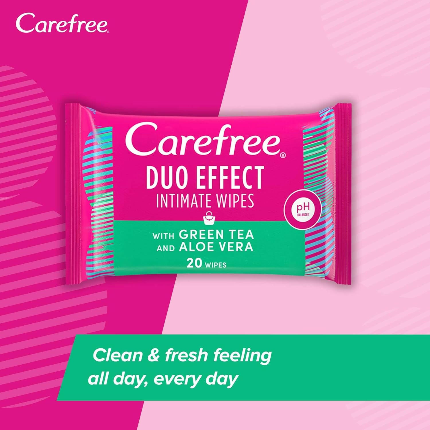Carefree Daily Intimate Wipes Duo Effect With Green Tea And Aloe Vera, 20pcs